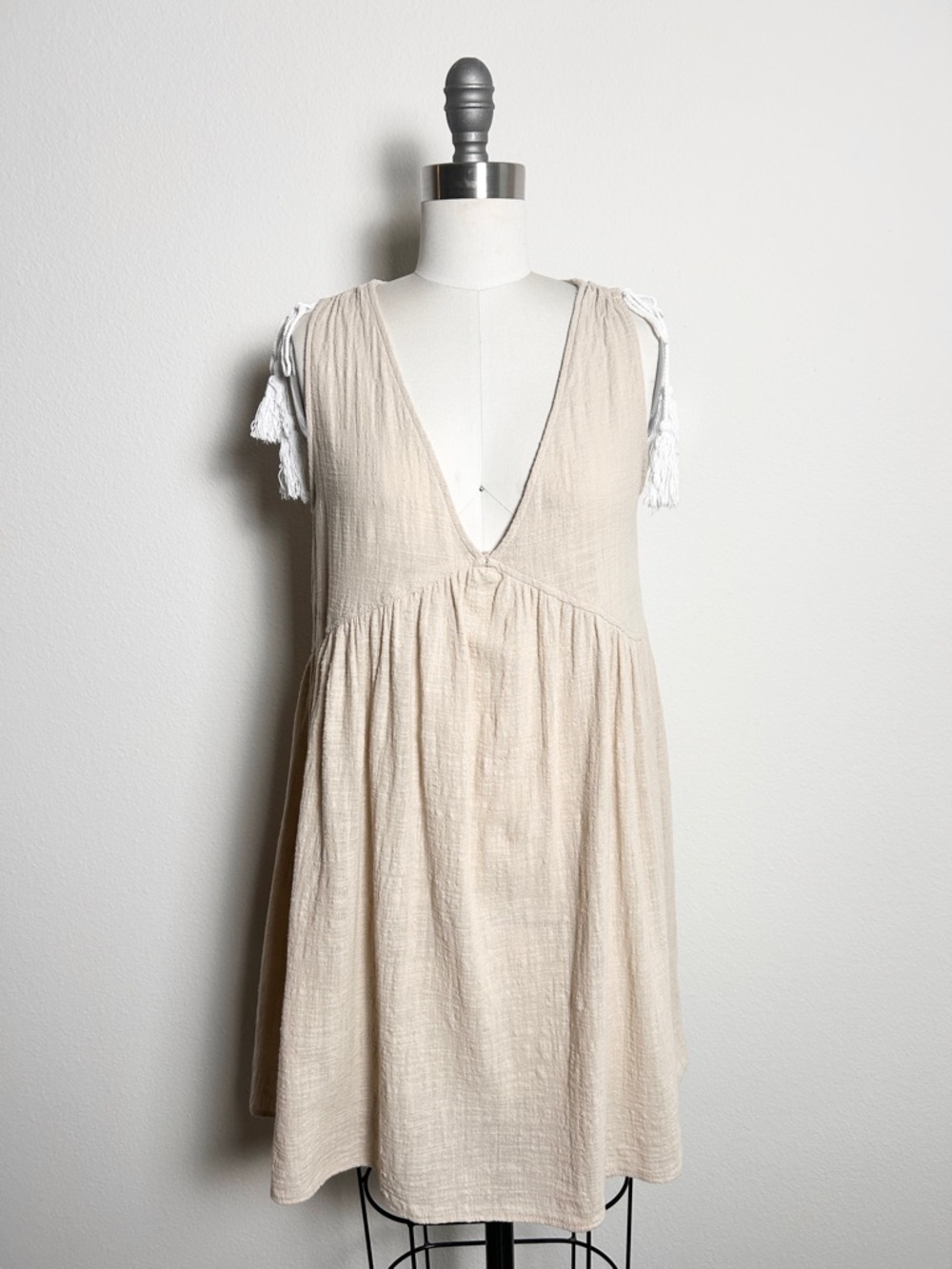 Sage The Label 100% Cotton Cream Gauze Deep V Babydoll Mini Dress USA Made XS